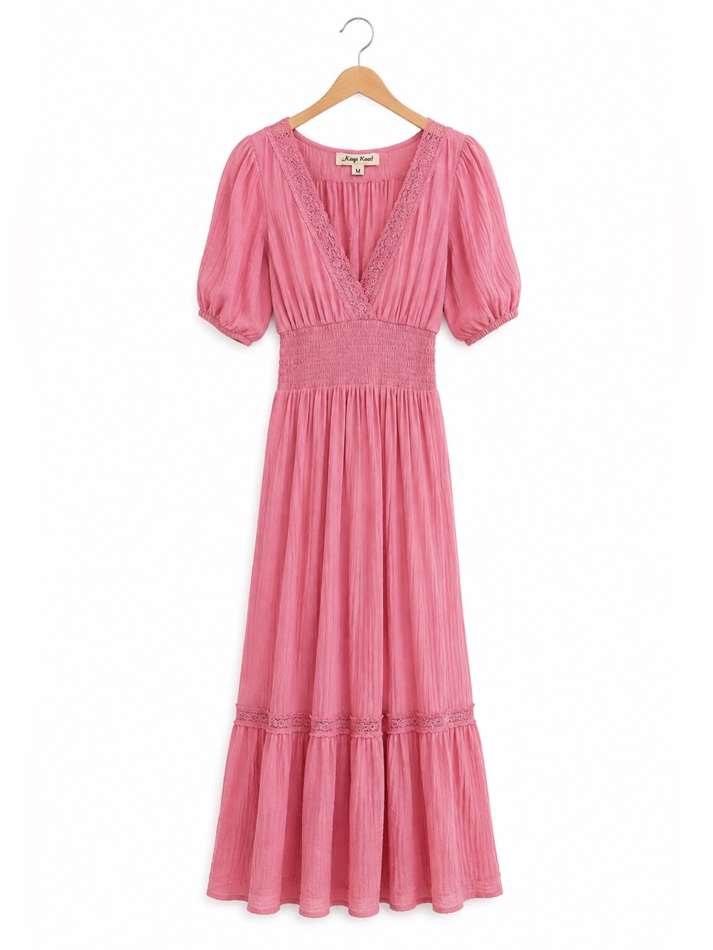 Kings Road Dusty Pink Smocked Waist Lace Trim Boho Maxi Dress M